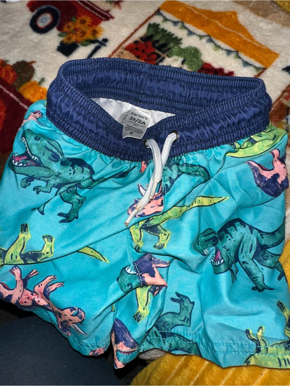 Carter's Turquoise Dinosaur Swim Shorts with Navy Waistband